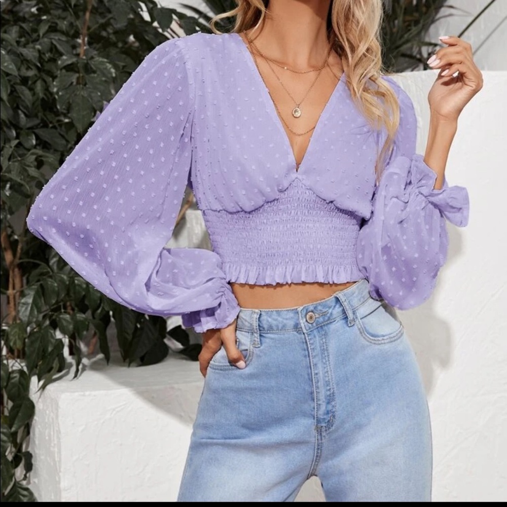 Boho gypsy Swiss dot shirred waist crop top - Picture 13 of 16